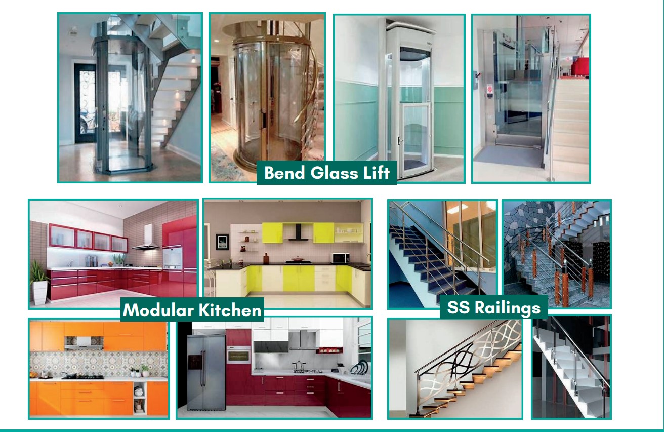 Bend glass lift, Modular kitchen, SS Railings